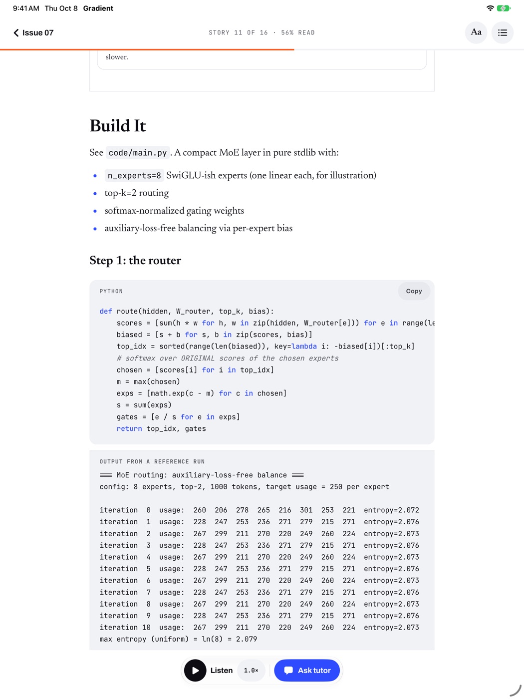 A Gradient lesson with the printed output of its code