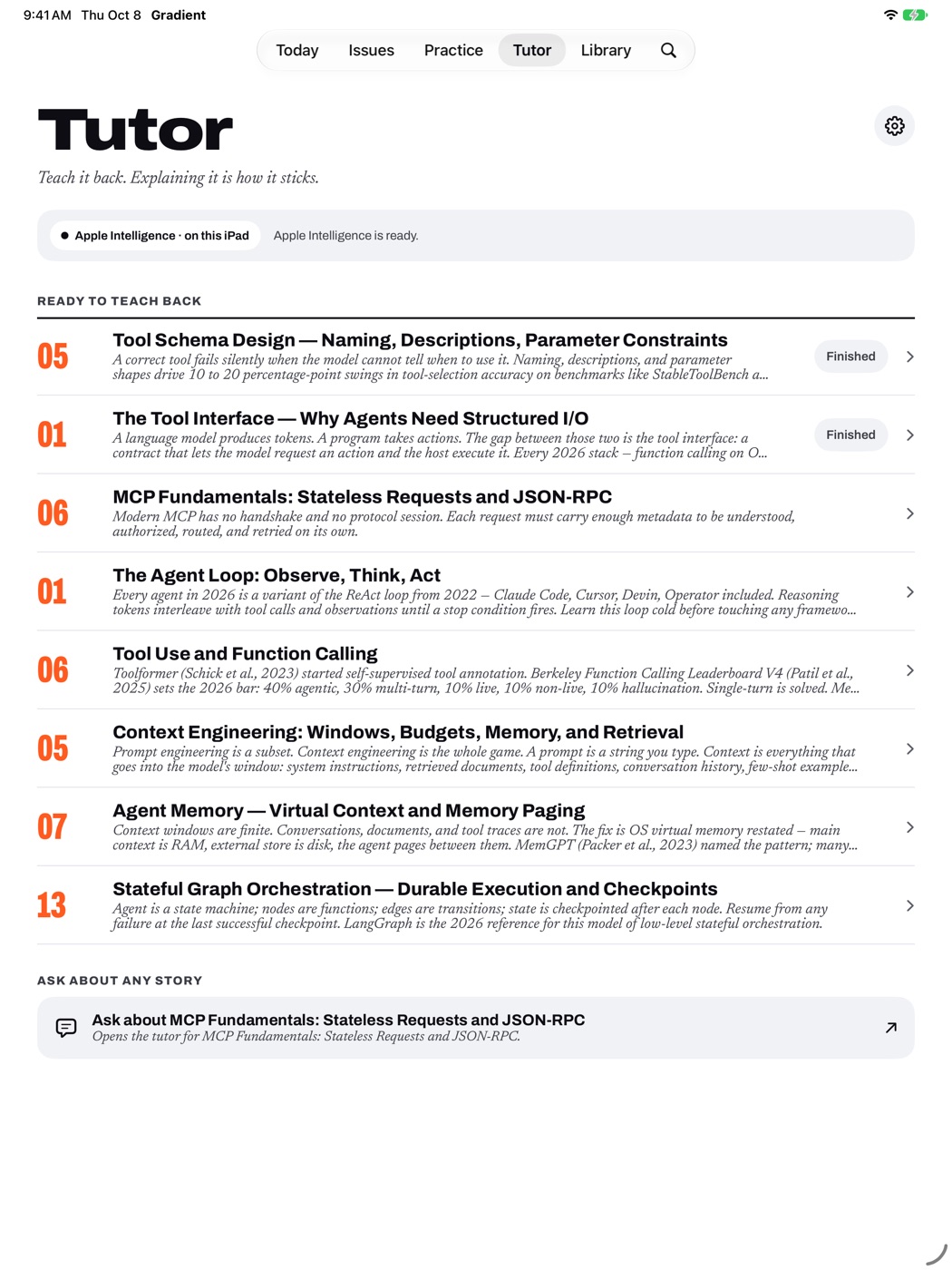 The Tutor tab in Gradient, with stories ready to teach back